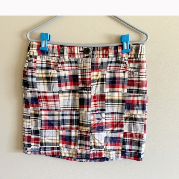 Loft patchwork madras red plaid mini cotton skirt